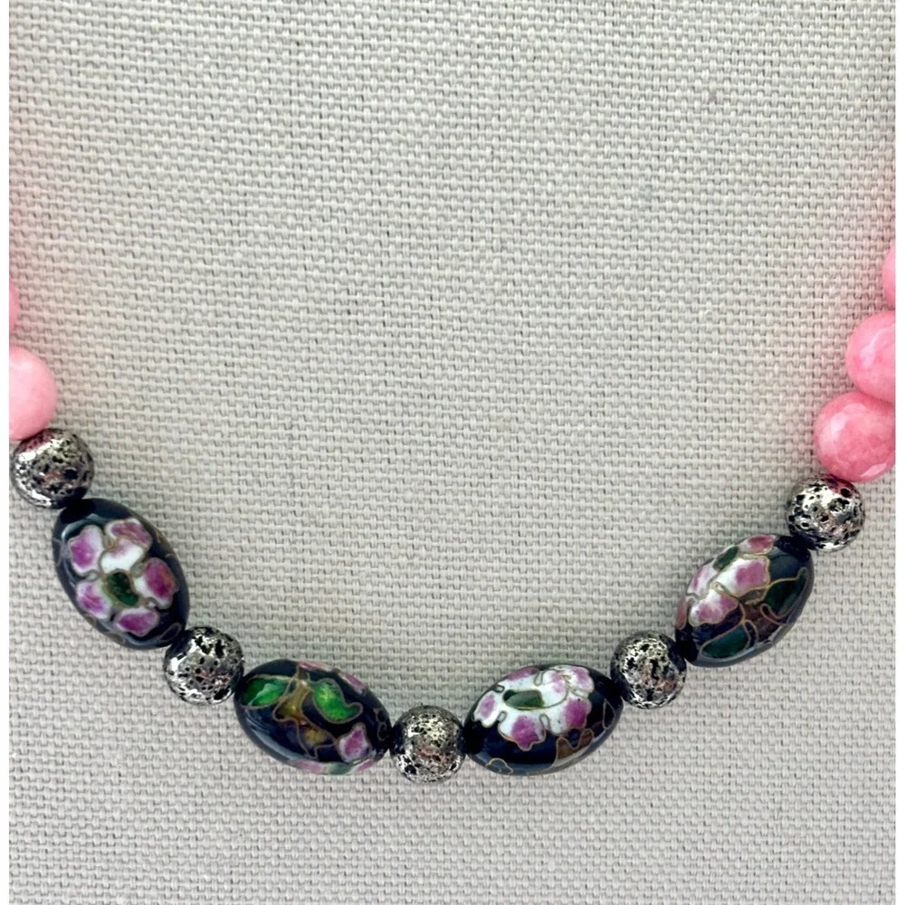 Necklace Gemstone Cloisonne Pink Black Lobster Clasp Style New with Tags